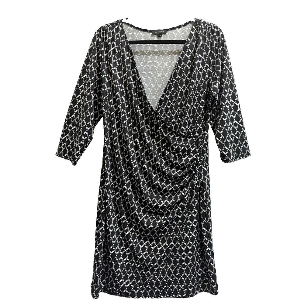AA Studio Size 16 Black White Geometric Faux Wrap Dress 3/4 Sleeve Ruched - Picture 3 of 8